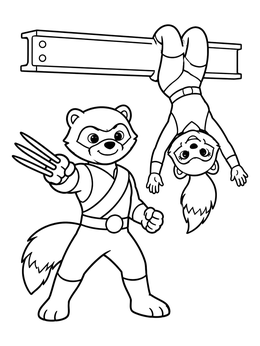 A heroic raccoon hero poses next to a friend on this wolverine coloring page.