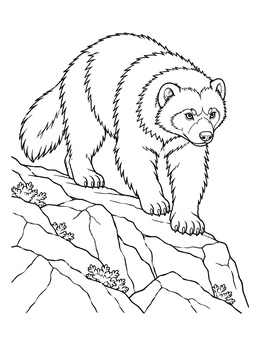 A detailed wolverine coloring page showing the animal descending a rocky cliff.