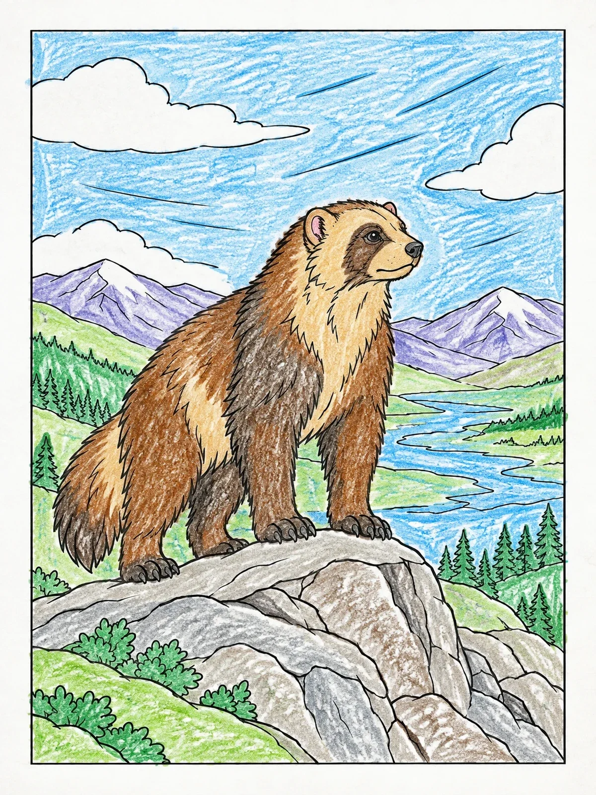 Colored example of the Wolverine Standing On A Rocky Ridge coloring page