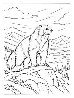 A detailed wolverine coloring page featuring the wild animal standing proudly on a mountain ridge.