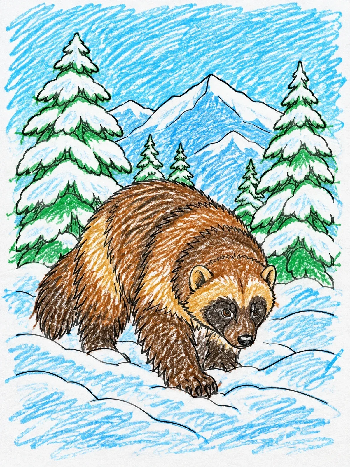 Colored example of the Wolverine In Winter Mountains coloring page