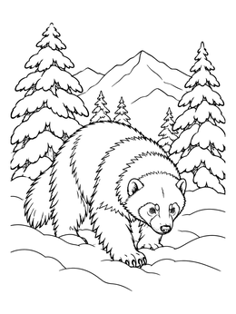 A wild wolverine coloring page featuring snowy pine trees and mountain peaks.