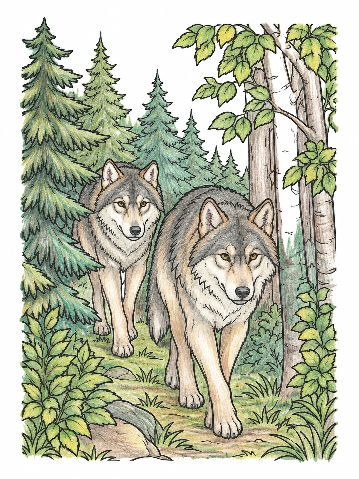Colored example of the Wolves Walking Through Forest coloring page