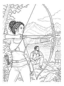 A woman aims an arrow outdoors in this detailed archery coloring page.