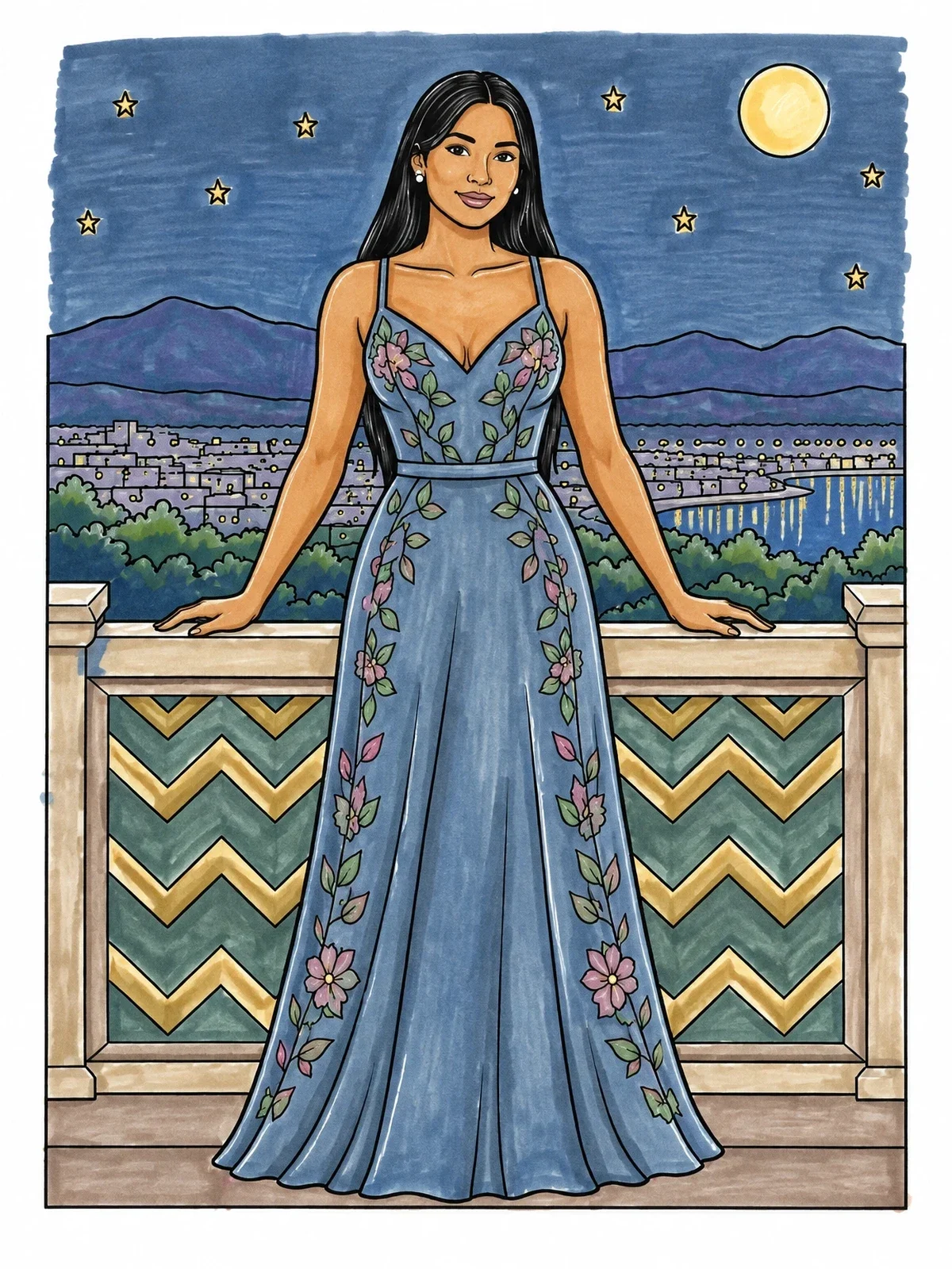 Colored example of the Elegant Woman On Art Deco Balcony coloring page