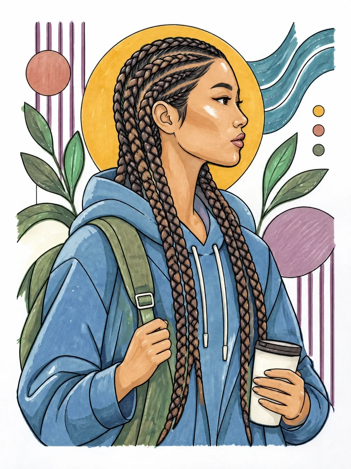 Colored example of the Braided Hairstyles And Coffee Cup coloring page