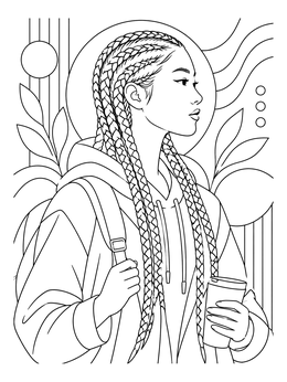 A detailed woman coloring page featuring long braided cornrows, a backpack, and a coffee tumbler.