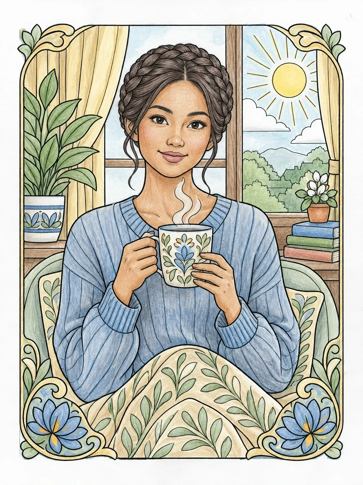Colored example of the Woman With Braided Hair And Warm Mug coloring page