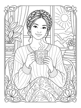 A peaceful woman coloring page sitting by a sunny window with a steaming cup.