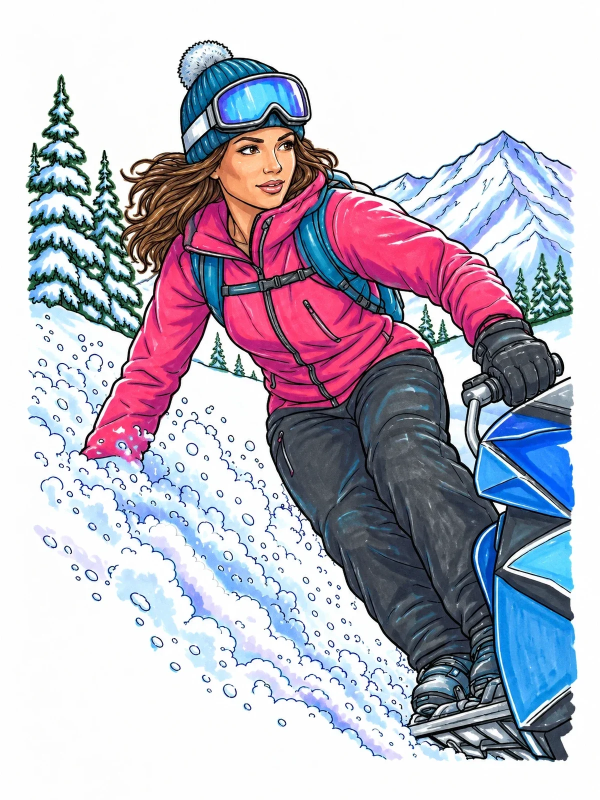 Colored example of the Woman Carving Turns On A Snowmobile coloring page