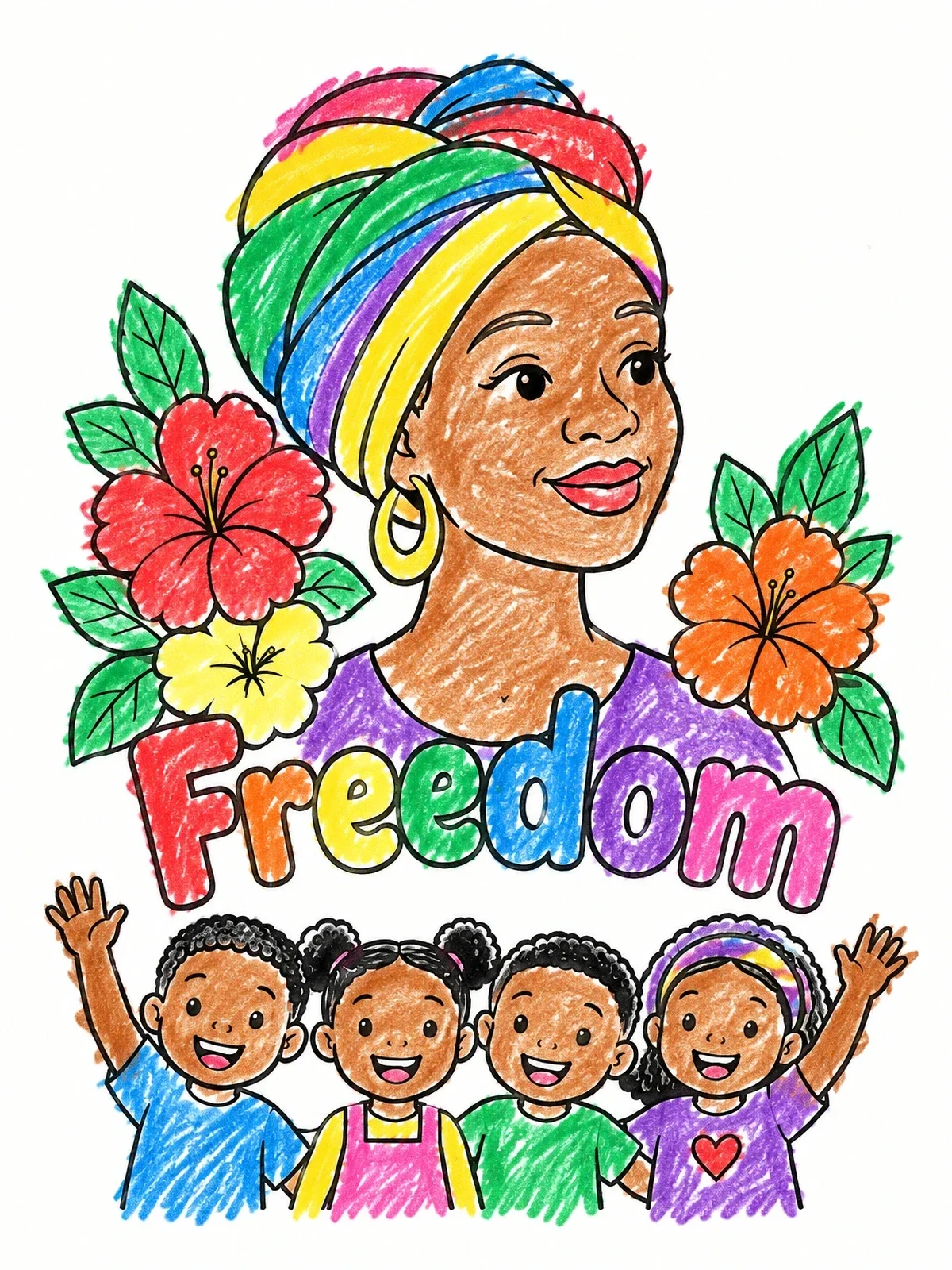 Colored example of the Woman And Cheerful Children Celebrating Freedom coloring page