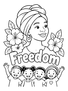 Free printable Woman And Cheerful Children Celebrating Freedom coloring page