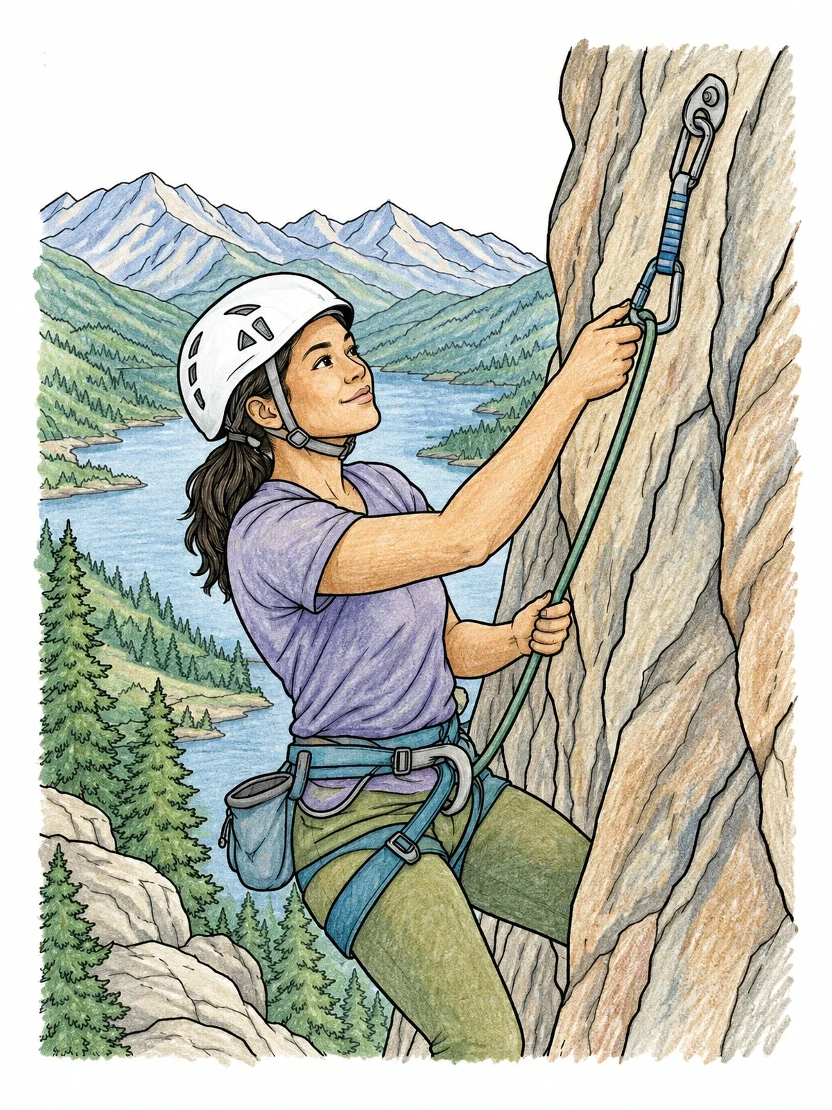 Colored example of the Woman Clipping Quickdraw On Cliff coloring page