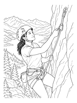 A woman scales a cliff in this detailed rock climbing coloring page.