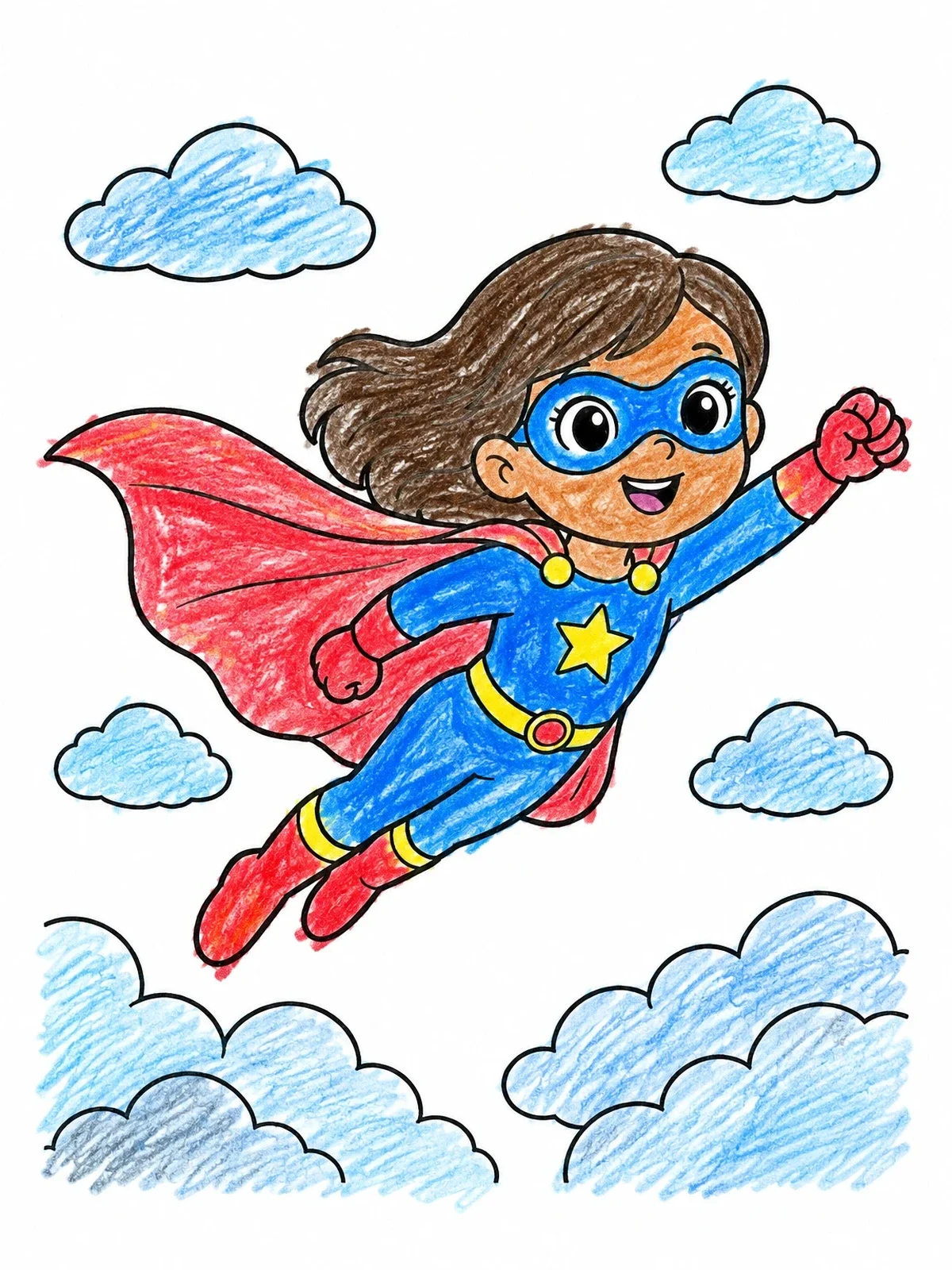Colored example of the Cute Superhero Flying Through Clouds coloring page