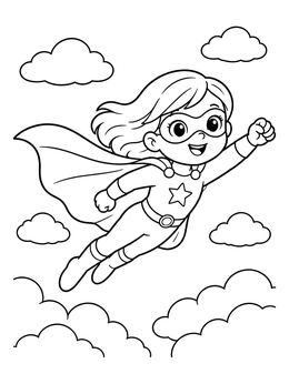 Free printable Cute Superhero Flying Through Clouds coloring page