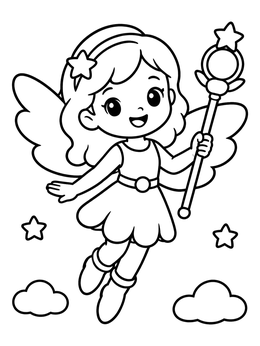 A woman coloring page featuring a cute fairy heroine hovering with a magic wand and wings.