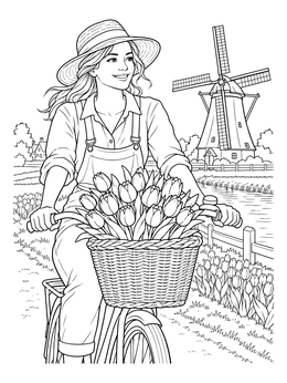 A woman riding a bike with tulips in this netherlands coloring page.