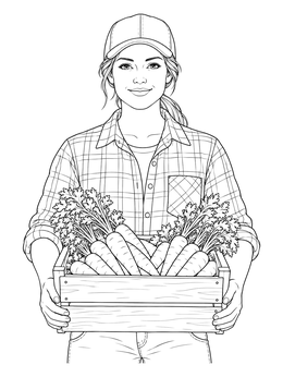 A smiling woman holding fresh carrots in this farmer coloring page.