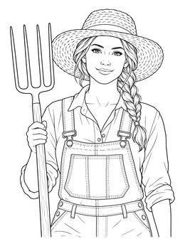 A smiling young woman in denim overalls and straw hat poses in this farmer coloring page.
