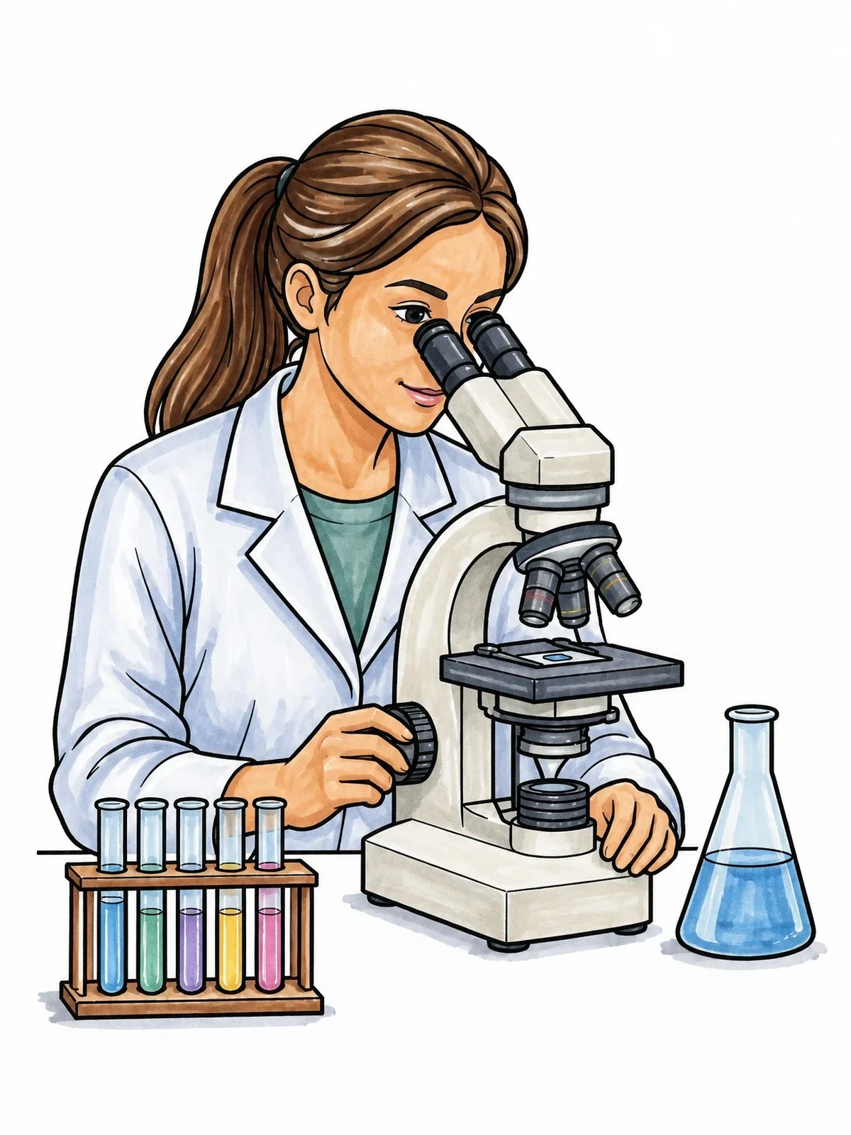 Colored example of the Female Scientist Looking Through Microscope coloring page