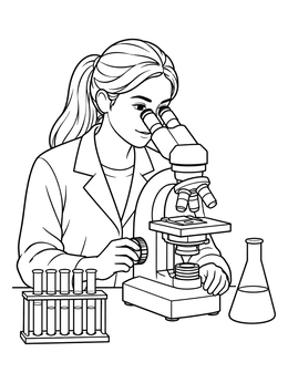A woman coloring page featuring a focused female scientist working with a laboratory microscope.