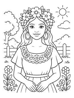 Free printable Woman With Floral Crown Outdoors coloring page