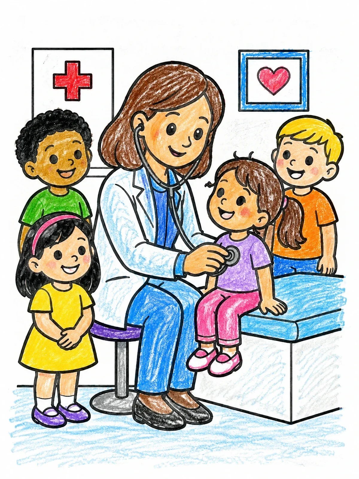 Colored example of the Friendly Female Doctor Checking Children coloring page