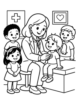 Free printable Friendly Female Doctor Checking Children coloring page