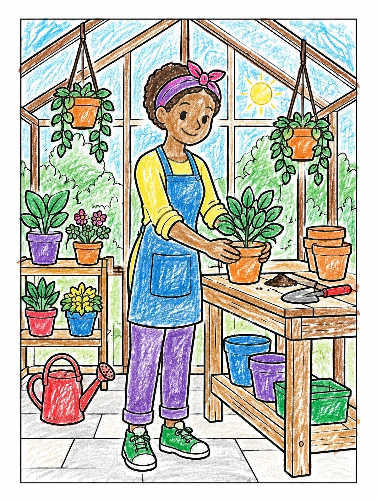 Colored example of the Woman Gardening In Sunlit Greenhouse coloring page