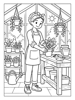 Free printable Woman Gardening In Sunlit Greenhouse coloring page