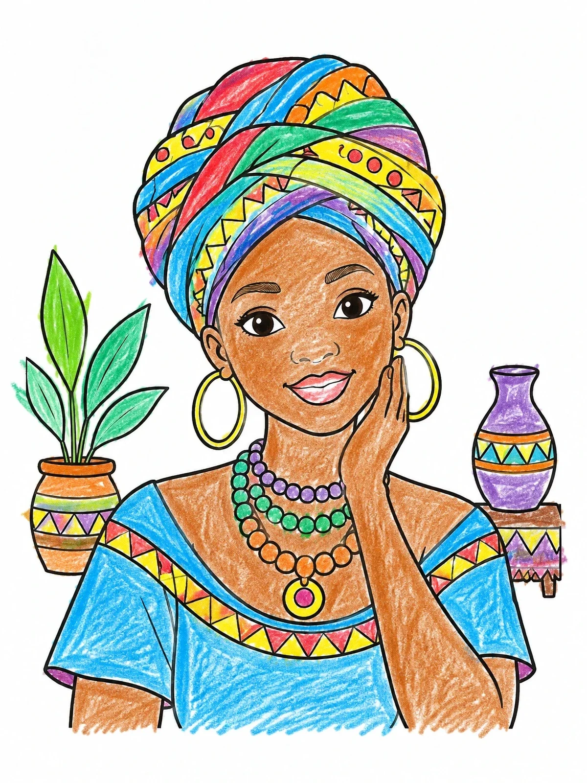 Colored example of the Woman In Patterned Headwrap coloring page