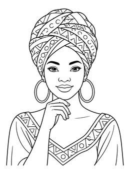 Elegant woman in a patterned headwrap and hoop earrings portrait coloring page.