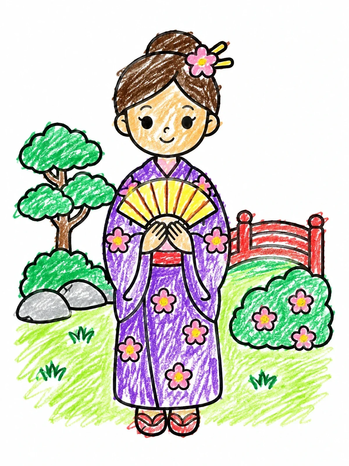 Colored example of the Woman In Kimono Holding Fan coloring page