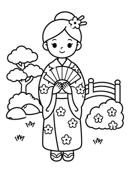 Free printable Woman In Kimono Holding Fan coloring page