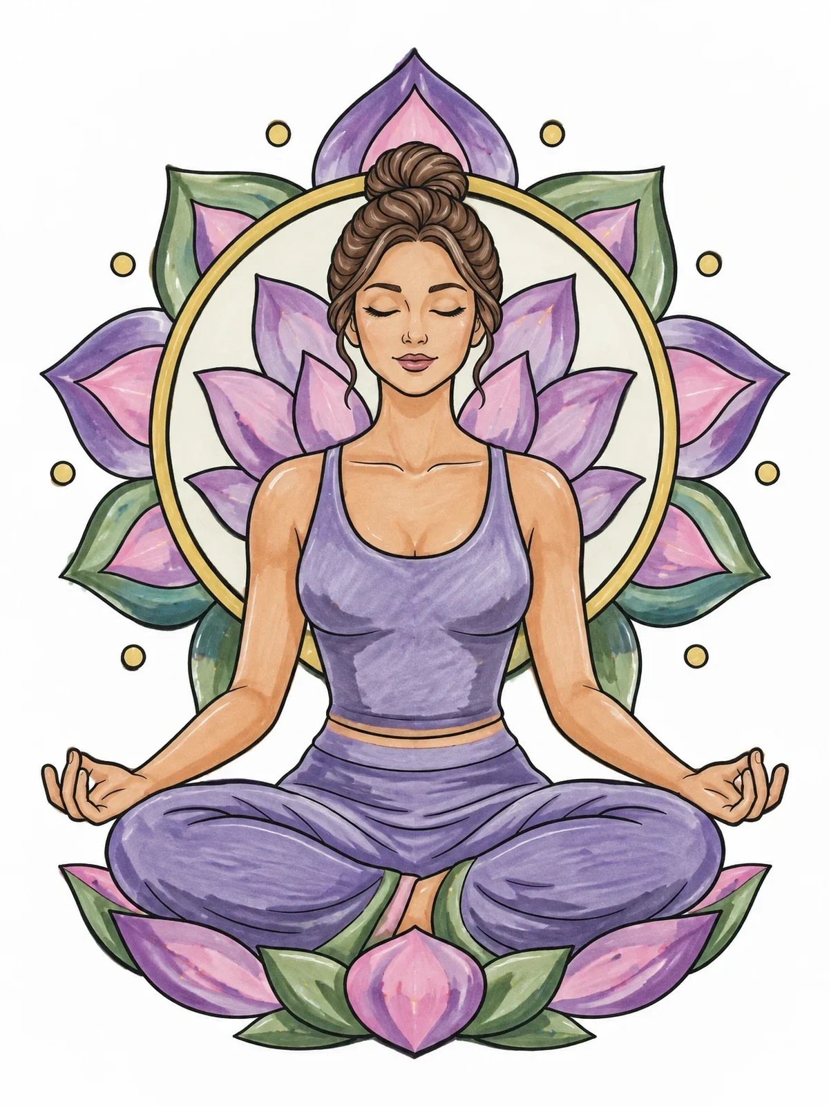 Colored example of the Woman Meditating In Lotus Pose coloring page