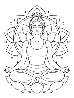 A serene woman coloring page showing her meditating peacefully in front of a lotus mandala.