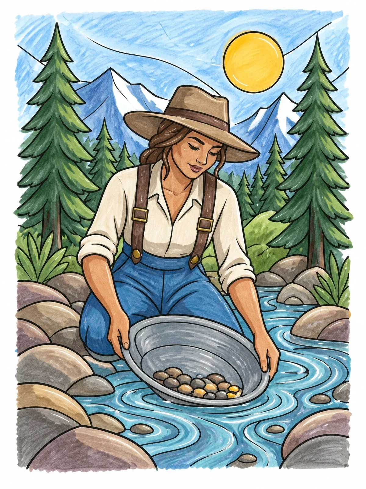 Colored example of the Woman Panning For Gold In River coloring page
