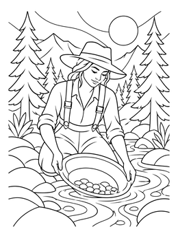 A woman panning along a mountain stream on this gold rush coloring page.