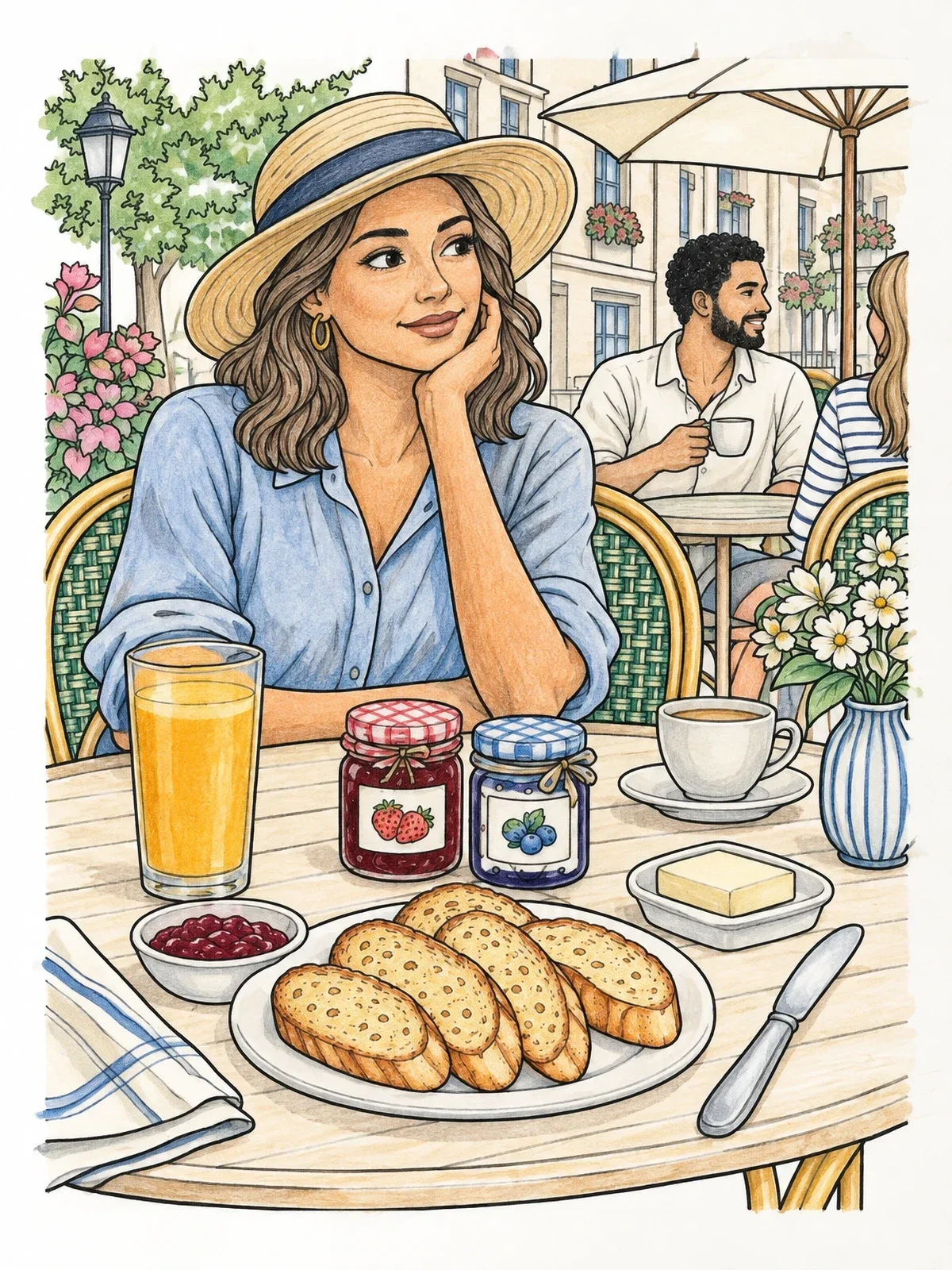 Colored example of the Woman Enjoying Parisian Cafe Breakfast coloring page