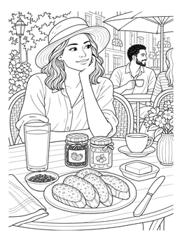A woman at an outdoor table with baguettes and jam in this paris cafe coloring page.