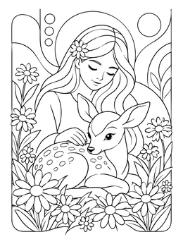 A gentle woman petting a fawn outdoors in this baby coloring page.