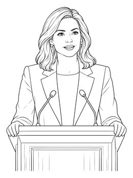 A female speaker at a podium features in this politician coloring page.