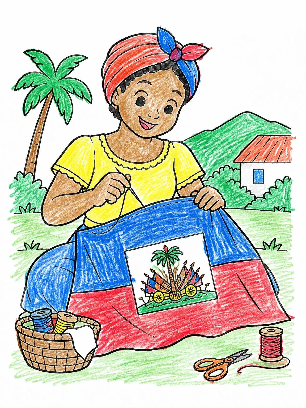 Colored example of the Woman Sewing Haitian Flag coloring page