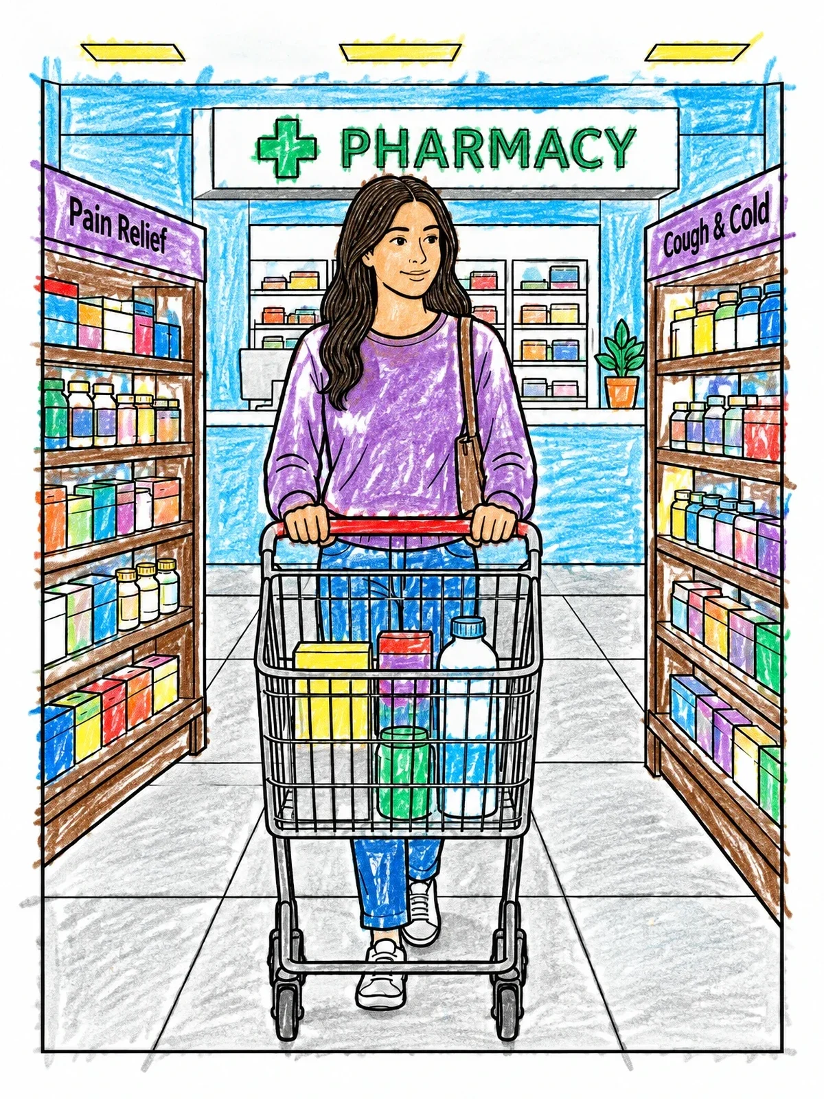 Colored example of the Shopping At The Pharmacy Store coloring page