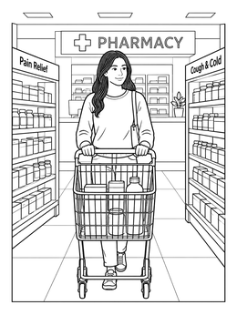Free printable Shopping At The Pharmacy Store coloring page