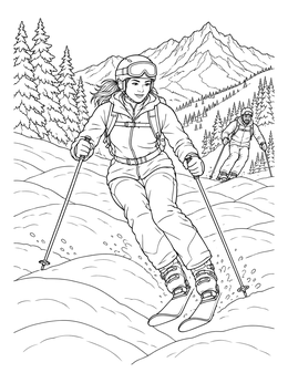 A woman glides down snowy moguls in this detailed skiing coloring page.
