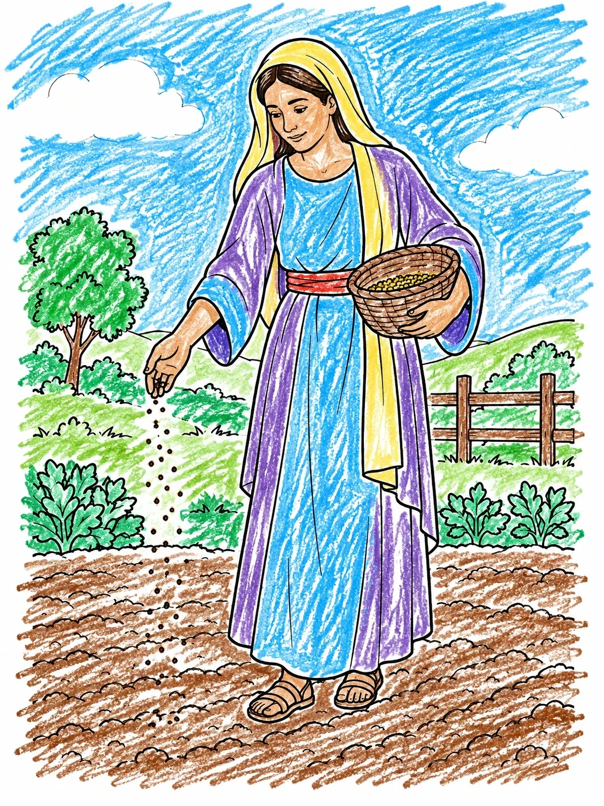 Colored example of the Woman Sowing Mustard Seeds In Field coloring page