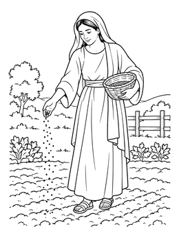 Free printable Woman Sowing Mustard Seeds In Field coloring page