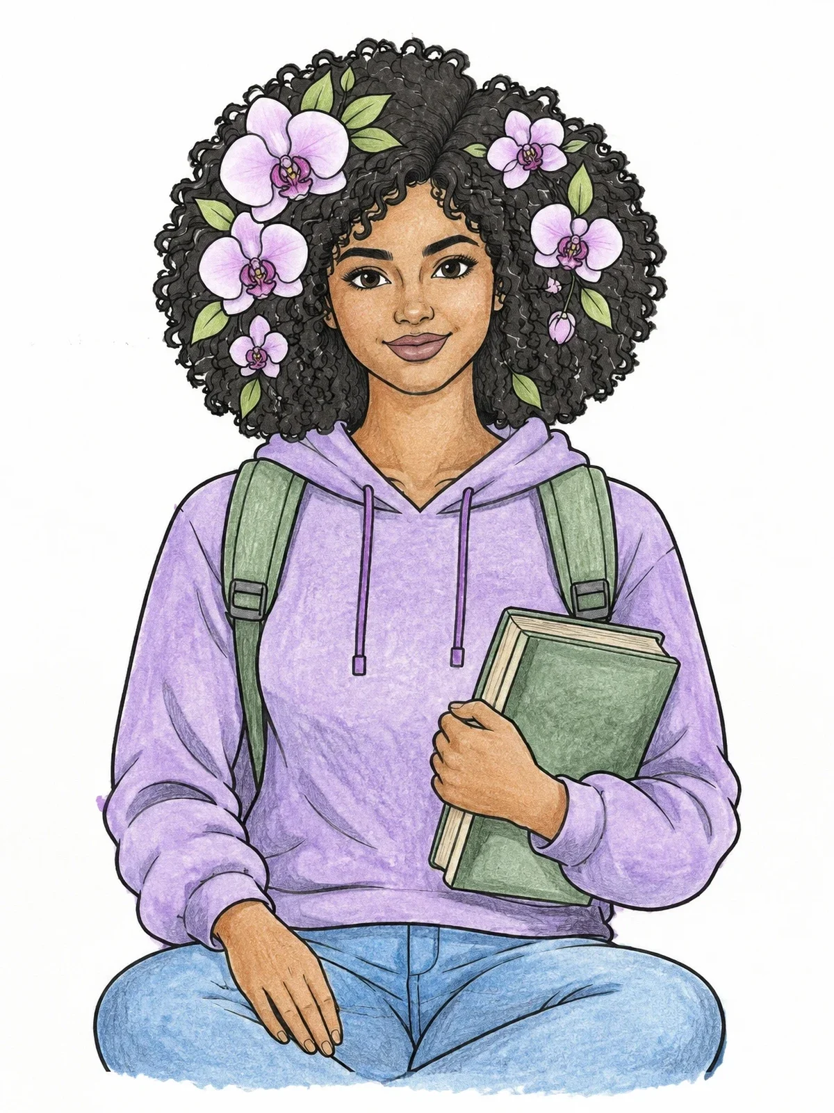 Colored example of the Student With Orchid Curls coloring page